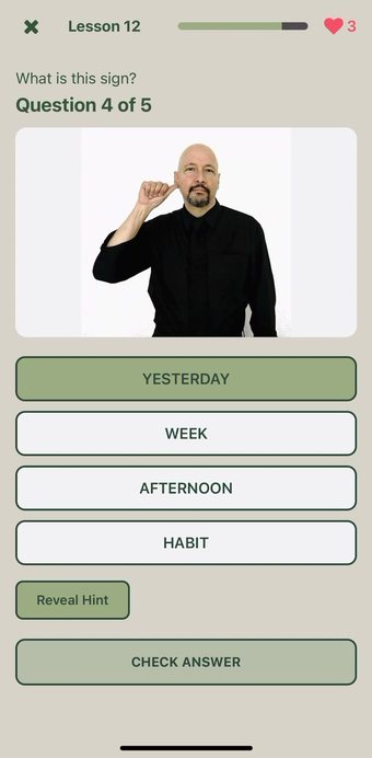 TrainGone practice screen asking which sign is shown in a signer video, with multiple-choice answers