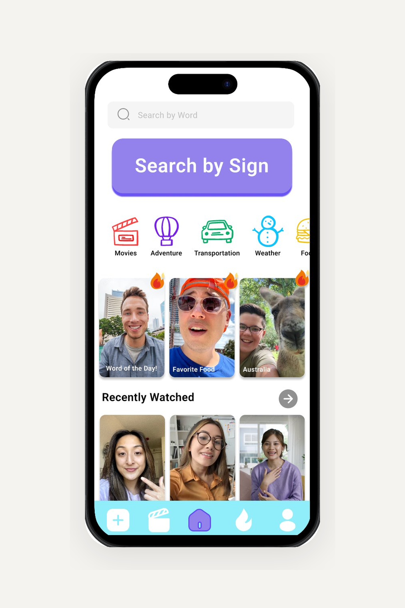 TrainGone home screen with Search by Word, Search by Sign, and category cards