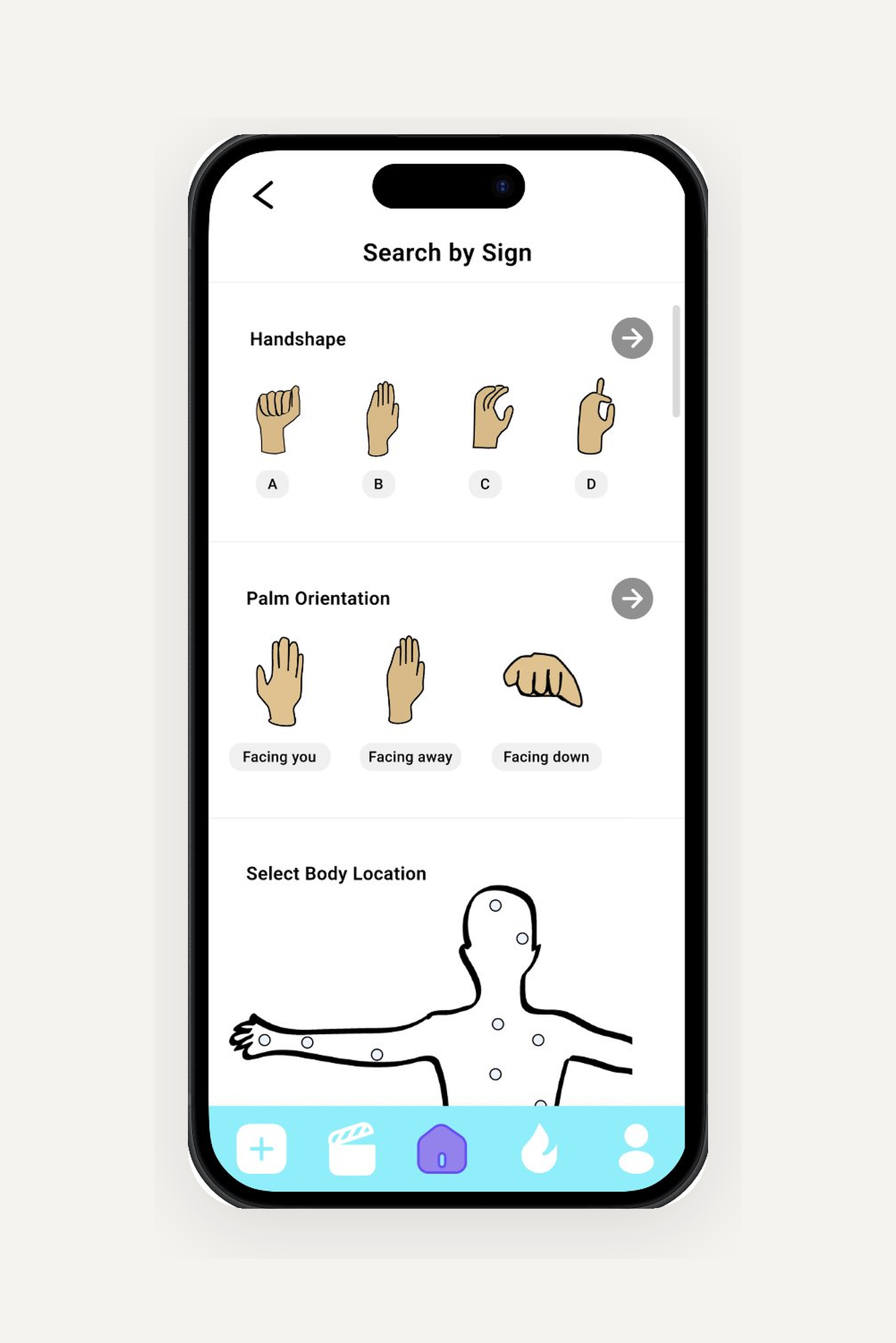 TrainGone Search by Sign with handshape, palm orientation, and body location filters